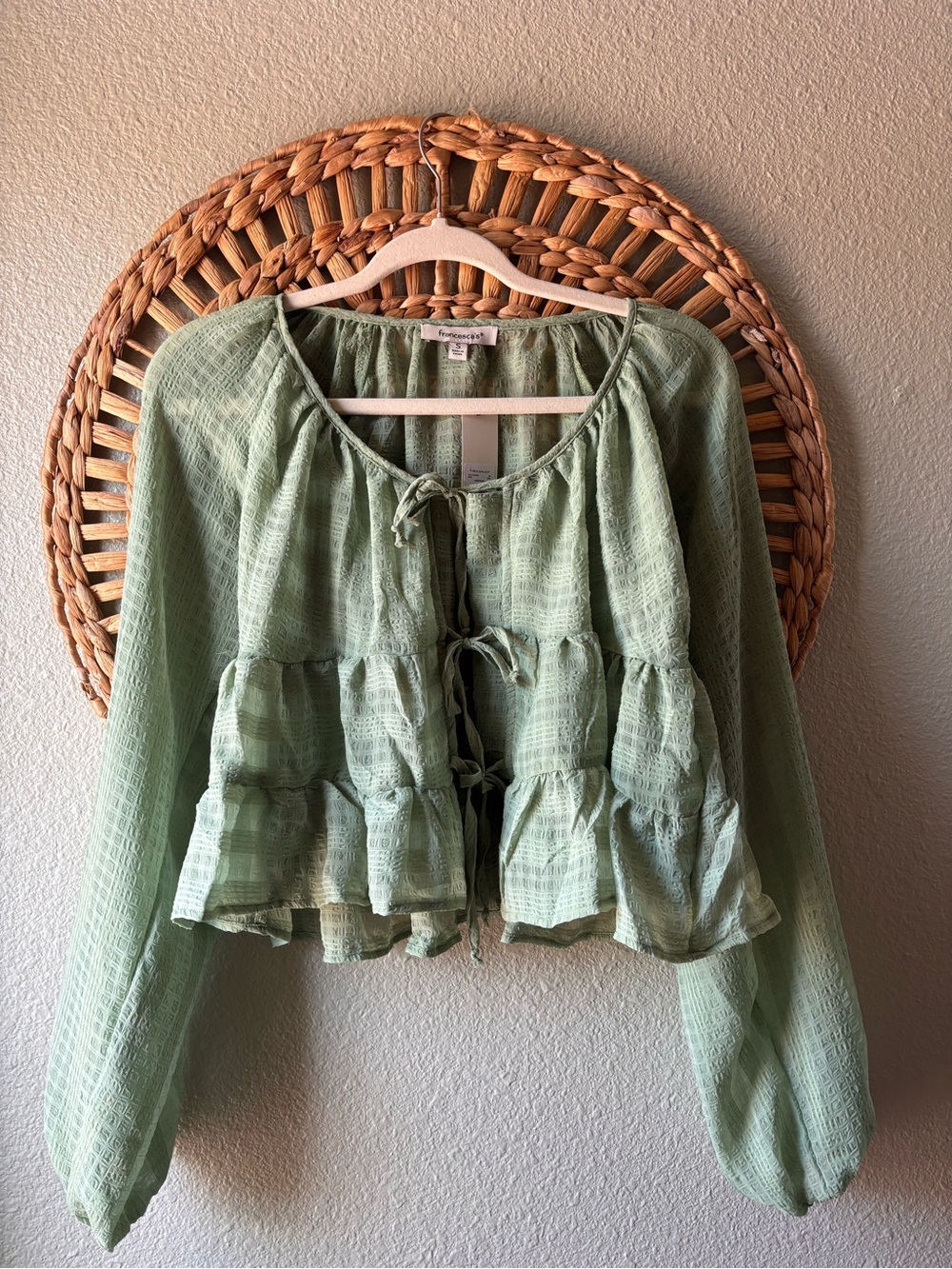 Francesca's Sage Green Ruffle Tie-Front Peasant Blouse